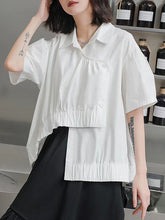 Irregular Clipping Short Sleeves Pleated Pure Color Lapel Blouses&Shirts Tops